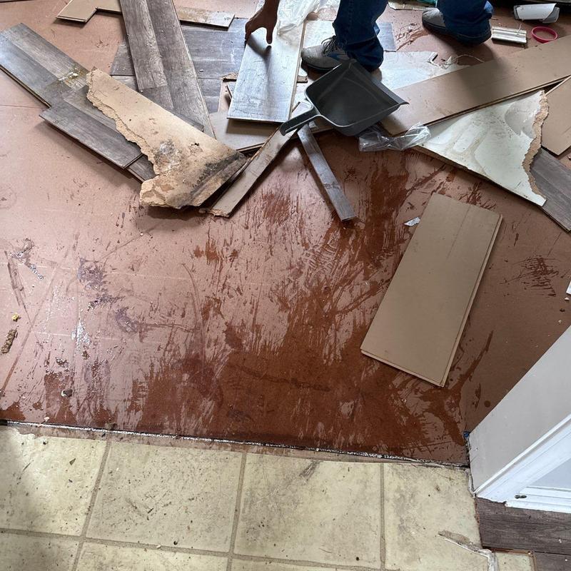 Subfloor water damage with removed laminate flooring