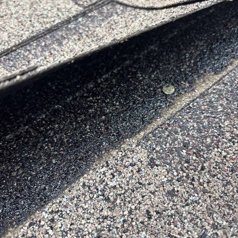 Asphalt shingle roof with exposed nail and sealant