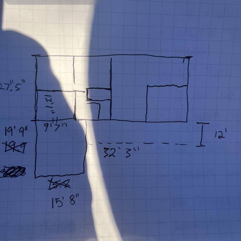 Mobile home room and bathroom addition sketch with measurements