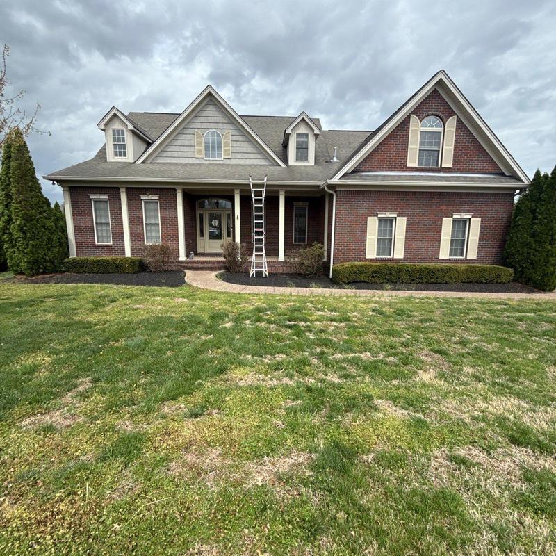 Asphalt shingle roof with inspection ladder outdoors