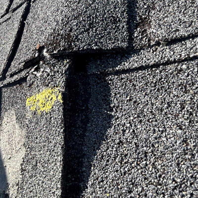 Asphalt shingle with hail damage and markings