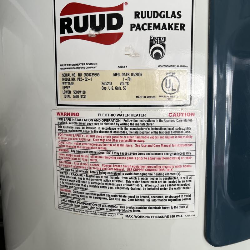 Water heater thermostat and heating element label