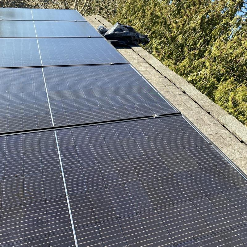 Solar panels on roof with trees nearby