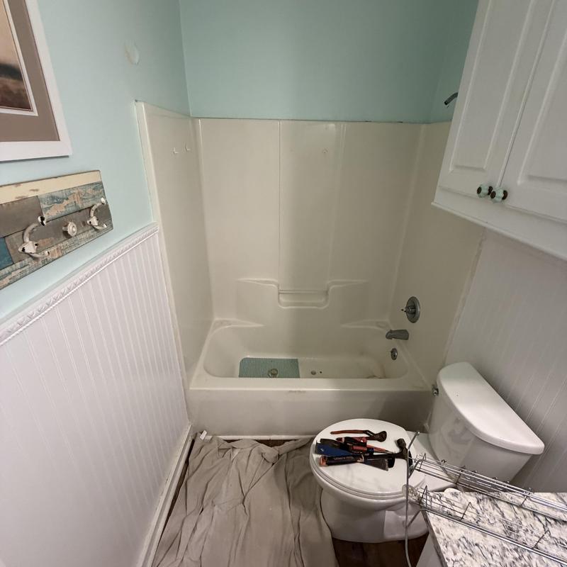Bathtub surround and fixtures during shower demo prep Bathtub surround and fixtures during shower demo prep