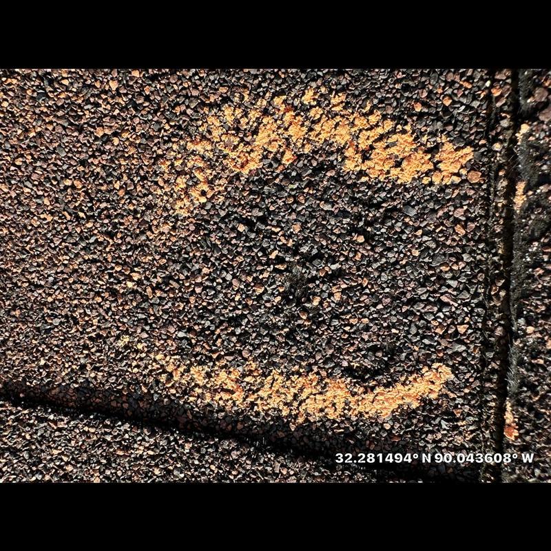 Asphalt shingle granule loss marked for roof inspection Asphalt shingle granule loss marked for roof inspection