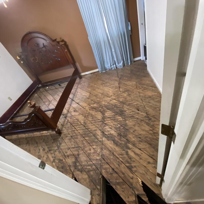 Subfloor with mold damage and removal in bedroom Subfloor with mold damage and removal in bedroom