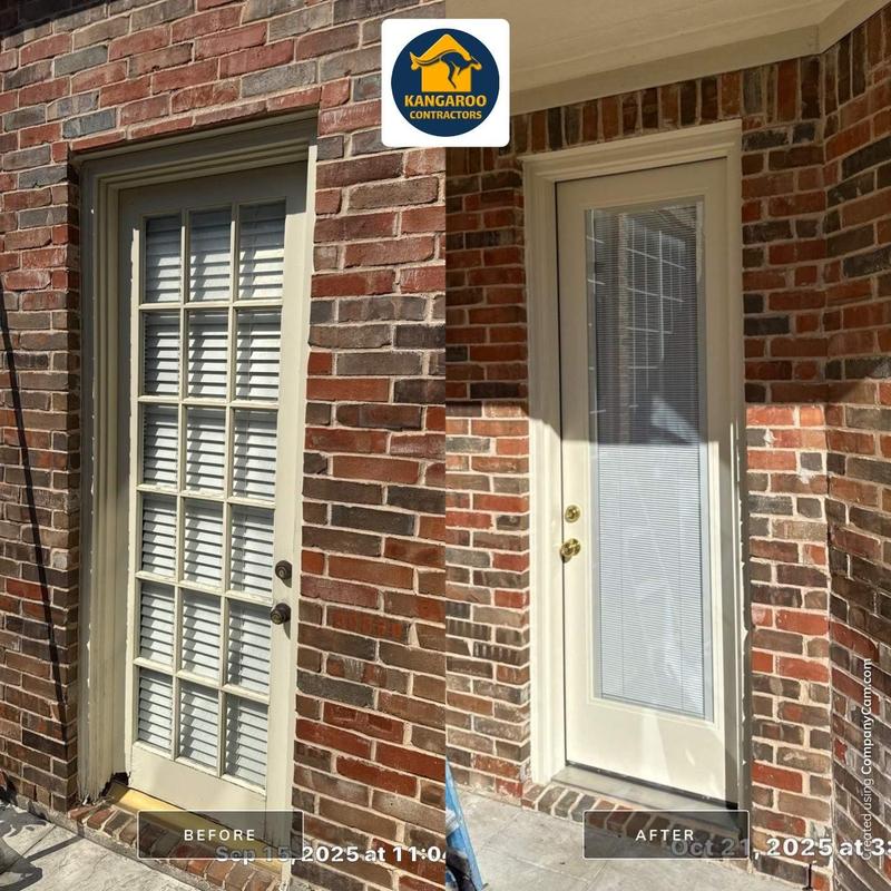 Exterior door with mini-blinds between glass replacement