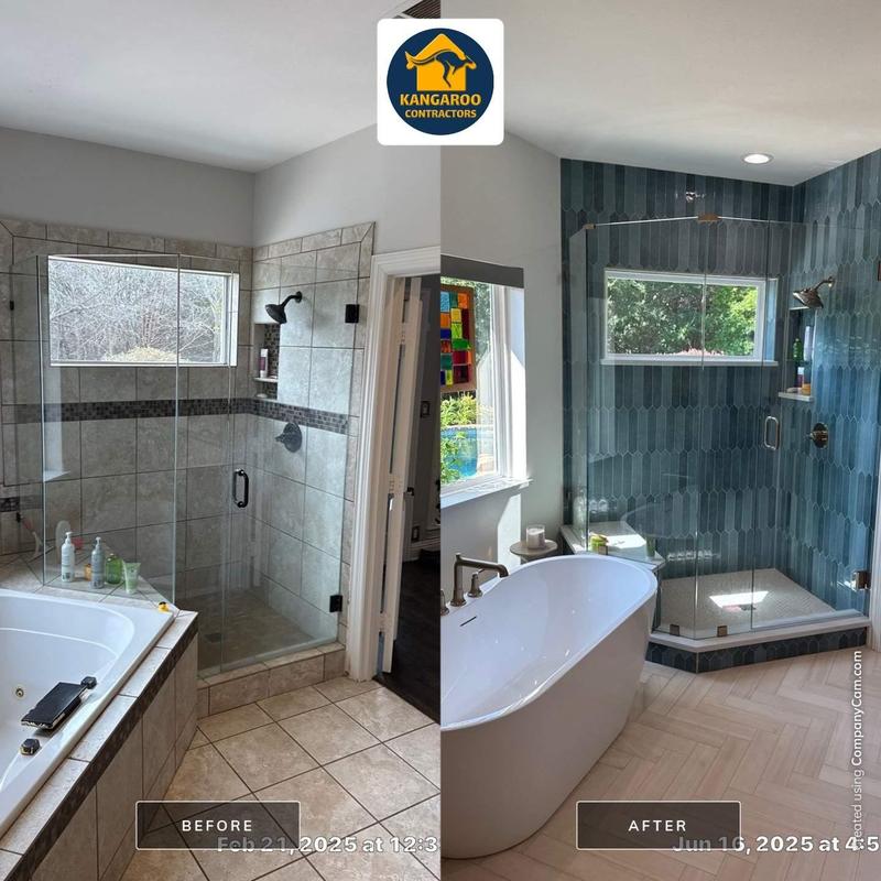 Shower upgrade with blue tile and standalone tub