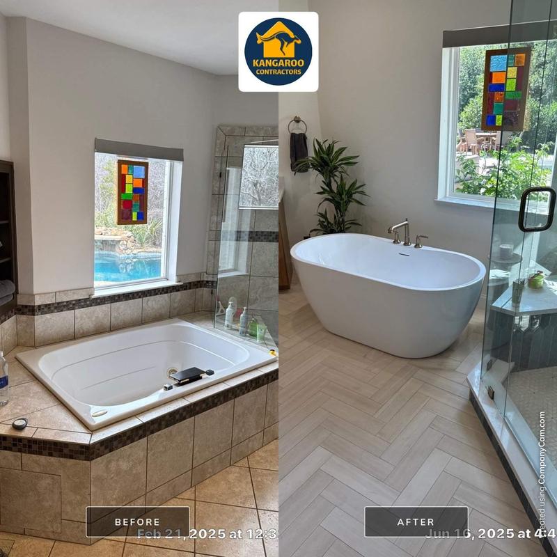 Freestanding tub installation in modern bathroom upgrade