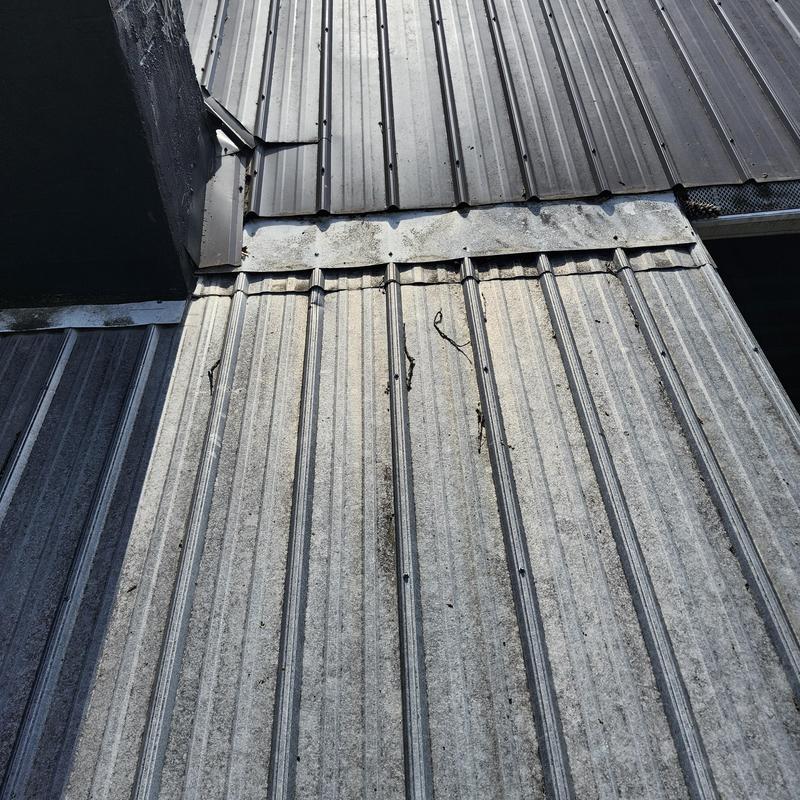 Metal roof panels with visible wear and seams