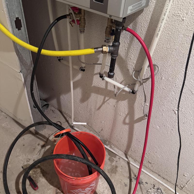 Tankless water heater flushing with hoses and bucket