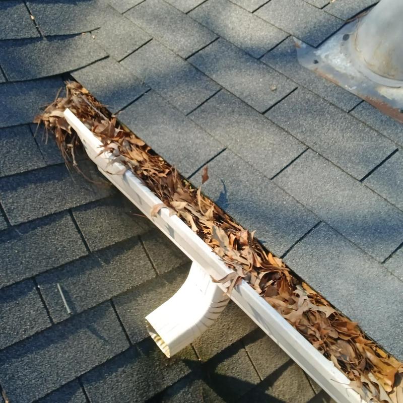 Gutter clogged with dry leaves and debris on roof