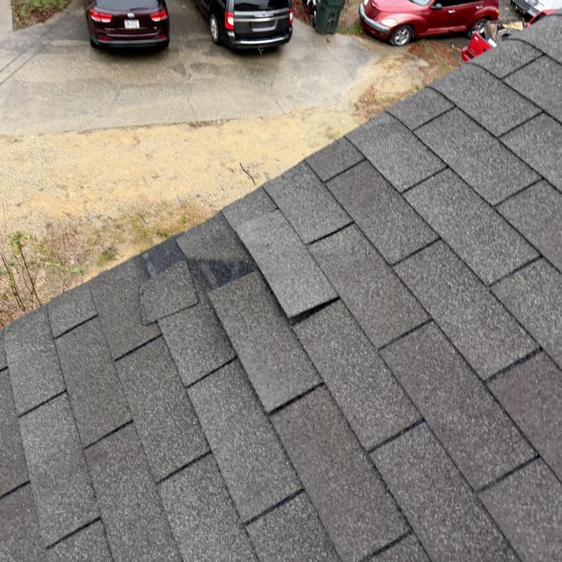 Roof shingles with damaged and replaced sections