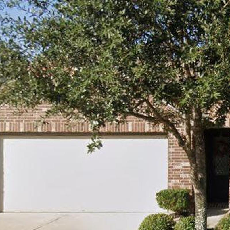 Garage door with tree and brick house exterior