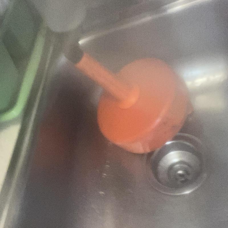Kitchen sink drain with orange plunger in stainless basin