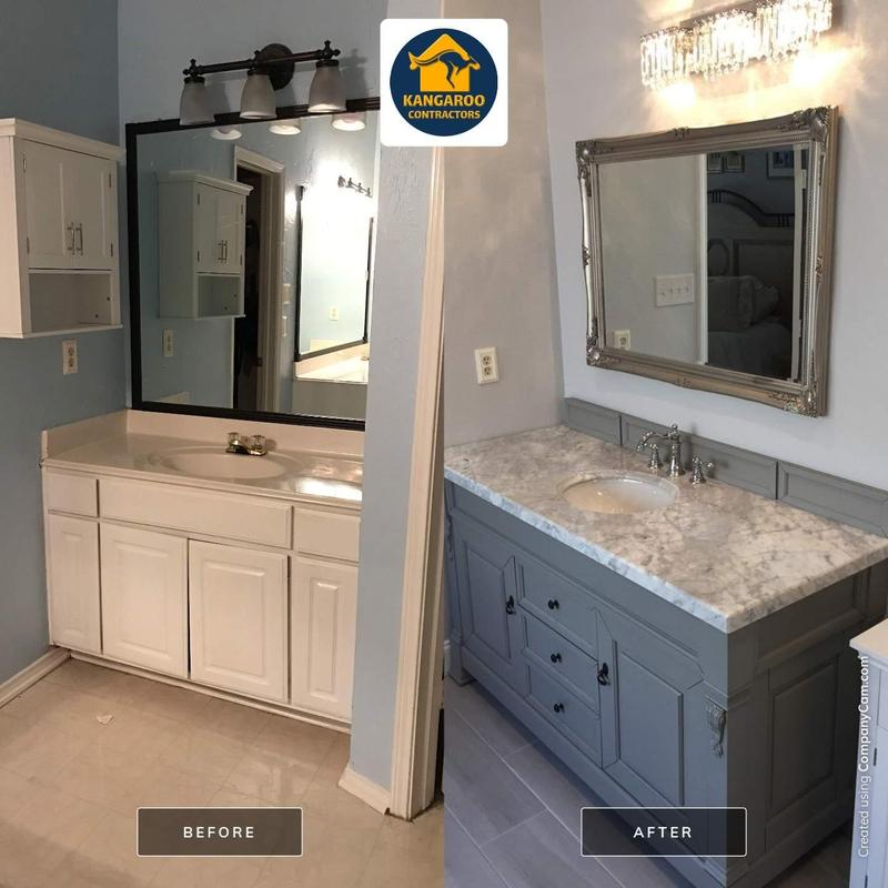 Bathroom vanity with marble countertop before and after remodel