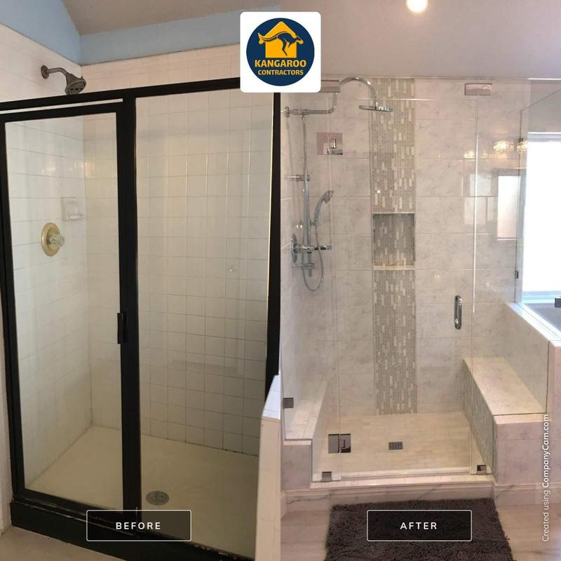 Frameless glass master shower with bench before and after