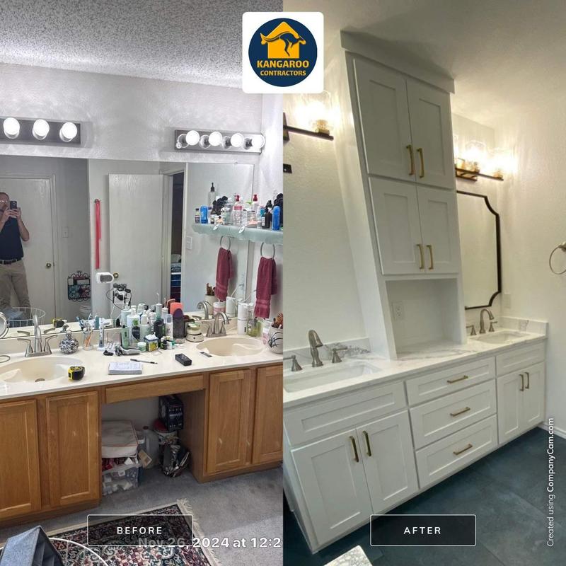 Bathroom vanity with double sinks and tall cabinet