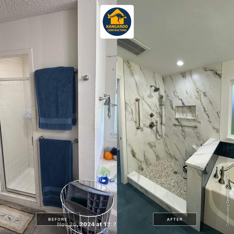 Shower remodel with marble walls and pebble floor