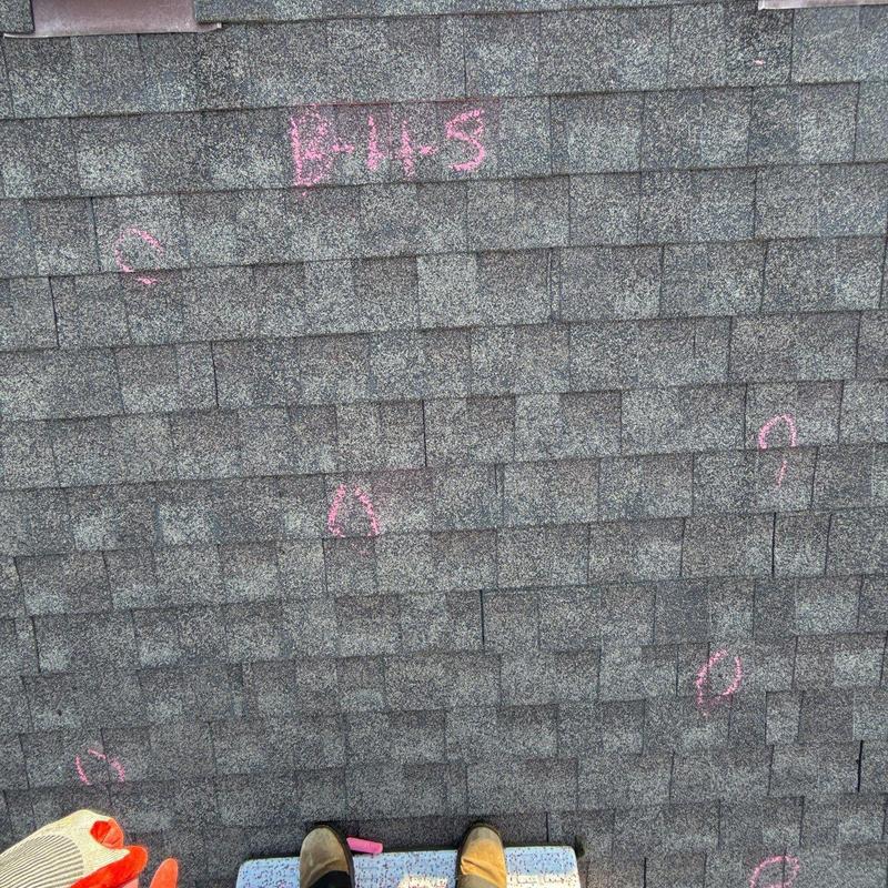 Roof shingles with hail damage marks in pink chalk