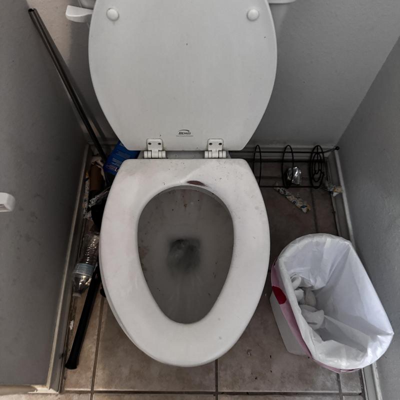Toilet bowl clearing test flush in small bathroom