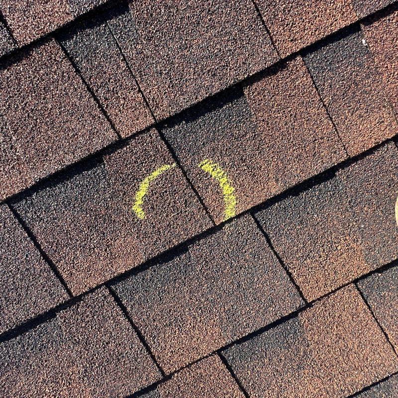 Asphalt shingle roof with hail damage marked in yellow