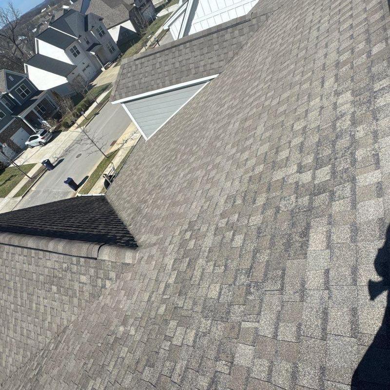 Asphalt shingle roof with hail damage in neighborhood