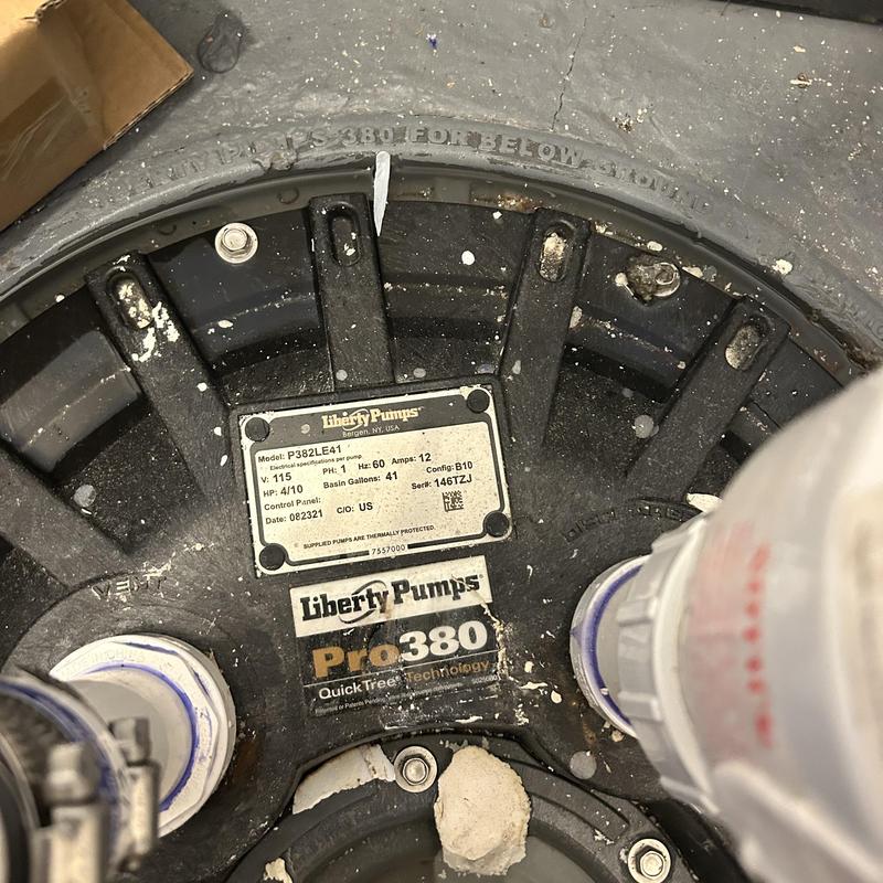 Liberty Pumps Pro380 ejector pump close-up with fittings