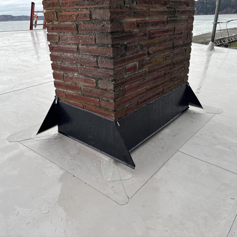 Chimney flashing and gutter guards on flat roof