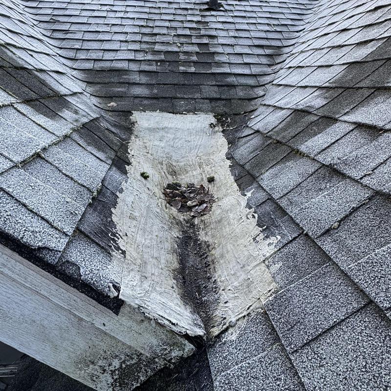 Roof valley with patch and debris buildup