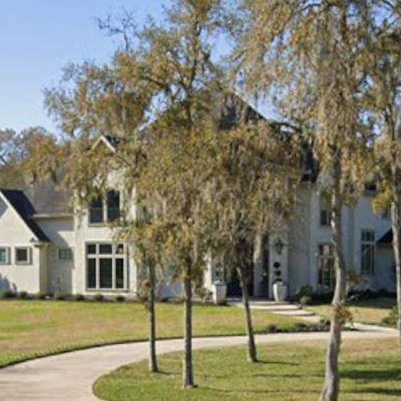 Residential roof with trees and curved driveway
