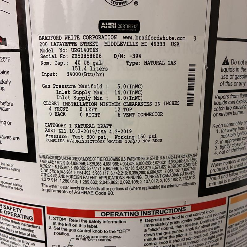 Natural Gas Water Heater label and safety instructions