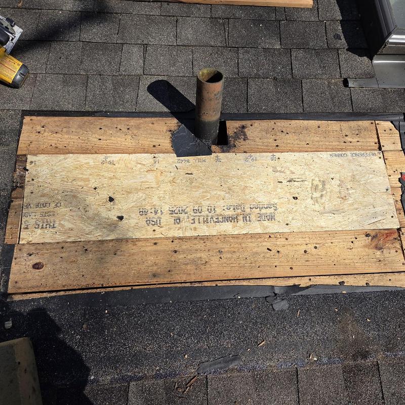 Pipe boot and roof decking replacement on shingle roof