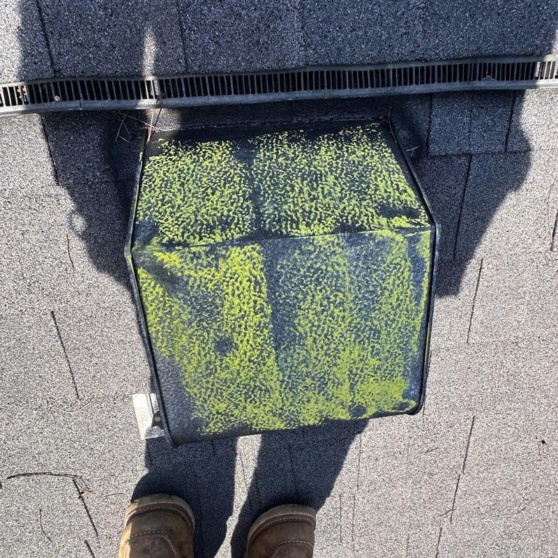 Roof vent cover with moss and discoloration on shingles