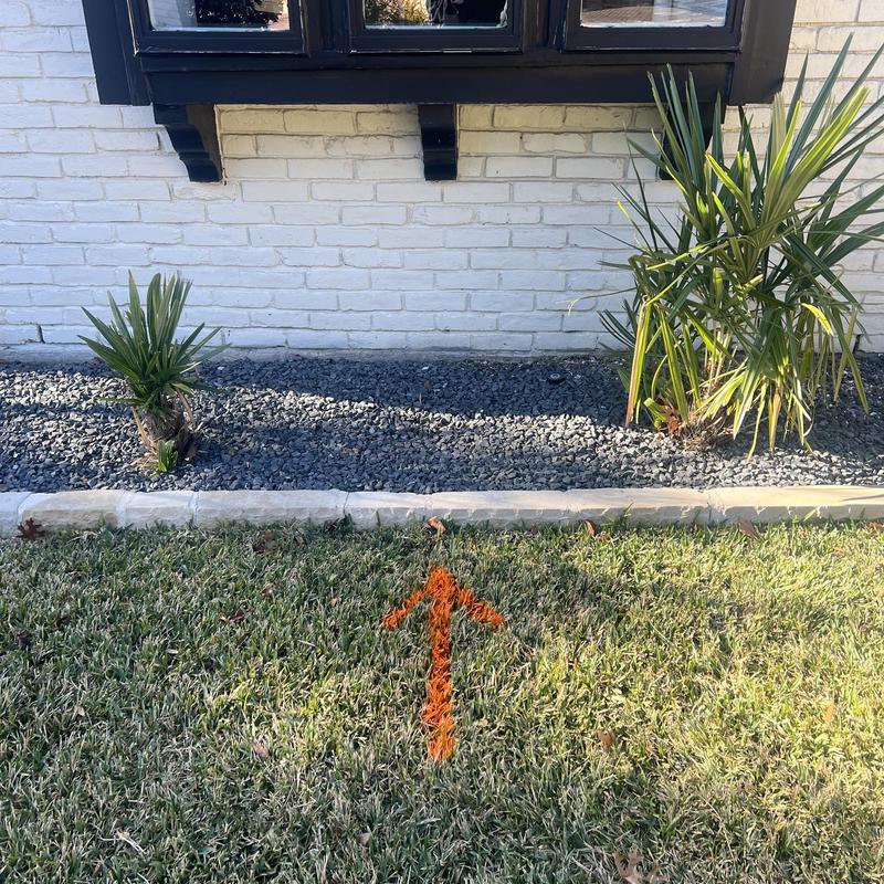 Sewer line location marked with orange arrow on lawn