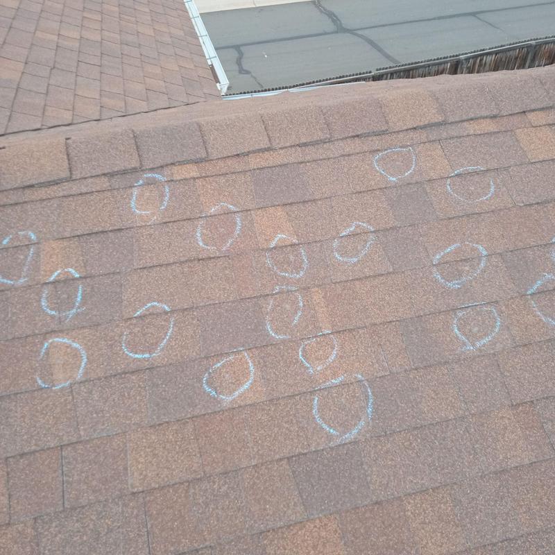 Roof shingles with chalk-marked hail damage spots Roof shingles with chalk-marked hail damage spots