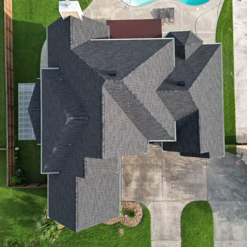 Tamko Titan XT Black Walnut roof installation aerial view Tamko Titan XT Black Walnut roof installation aerial view