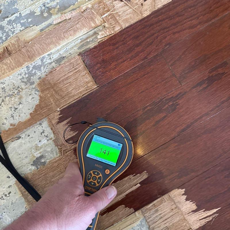 Wood floor moisture meter reading on damaged planks