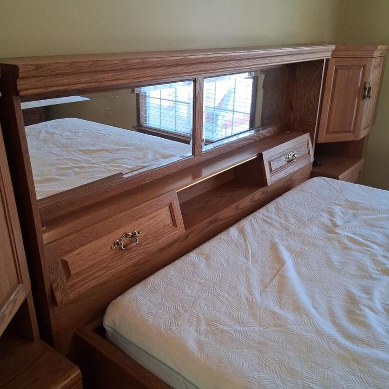 Wood bed frame with storage drawers and mirror Wood bed frame with storage drawers and mirror