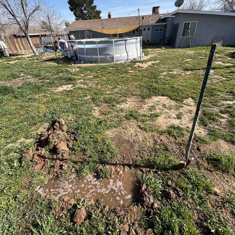 Leaking backyard PVC water pipe with exposed soil