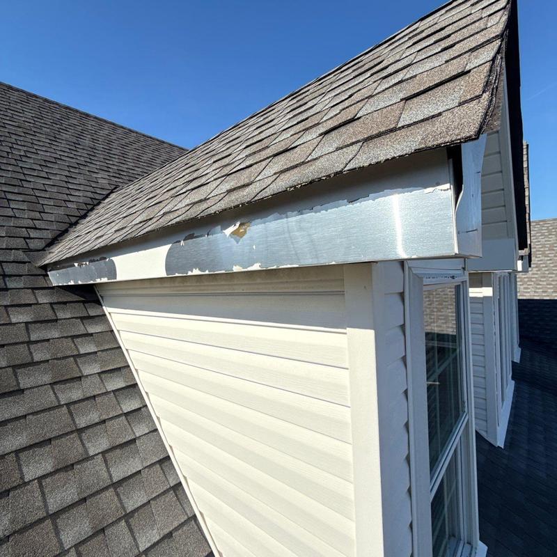 Roof fascia with peeling paint and shingle inspection