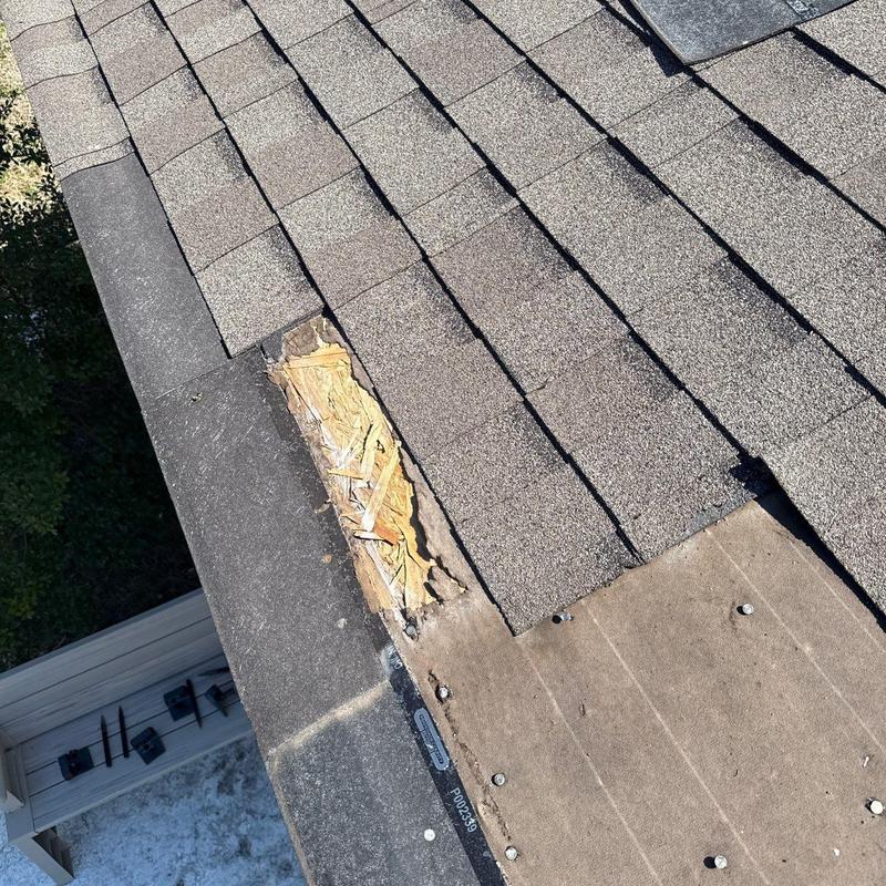 Asphalt shingle roof with torn underlayment damage