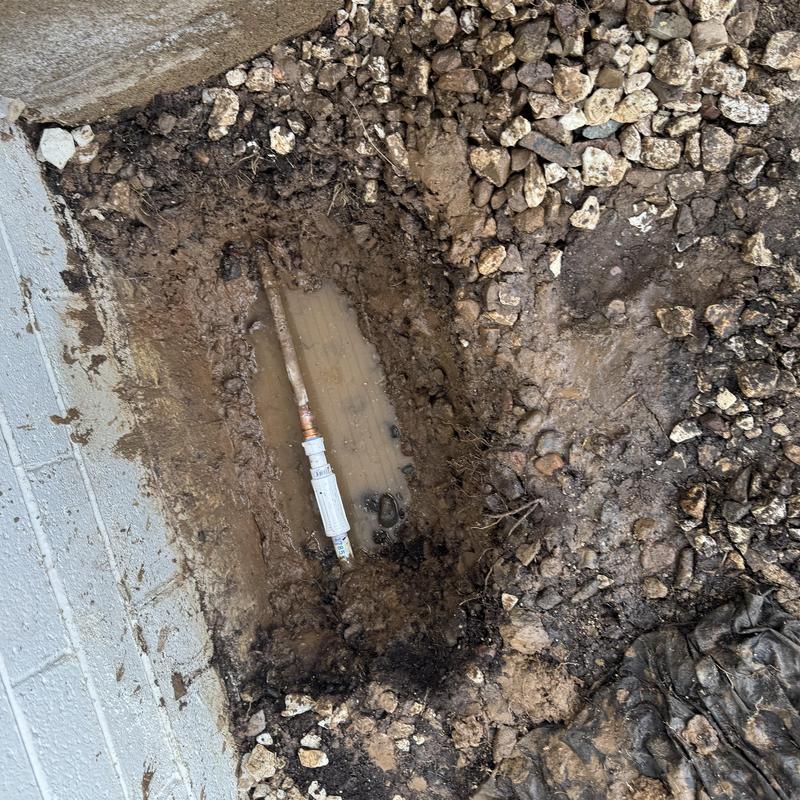 Mainline water pipe exposed in muddy backyard trench