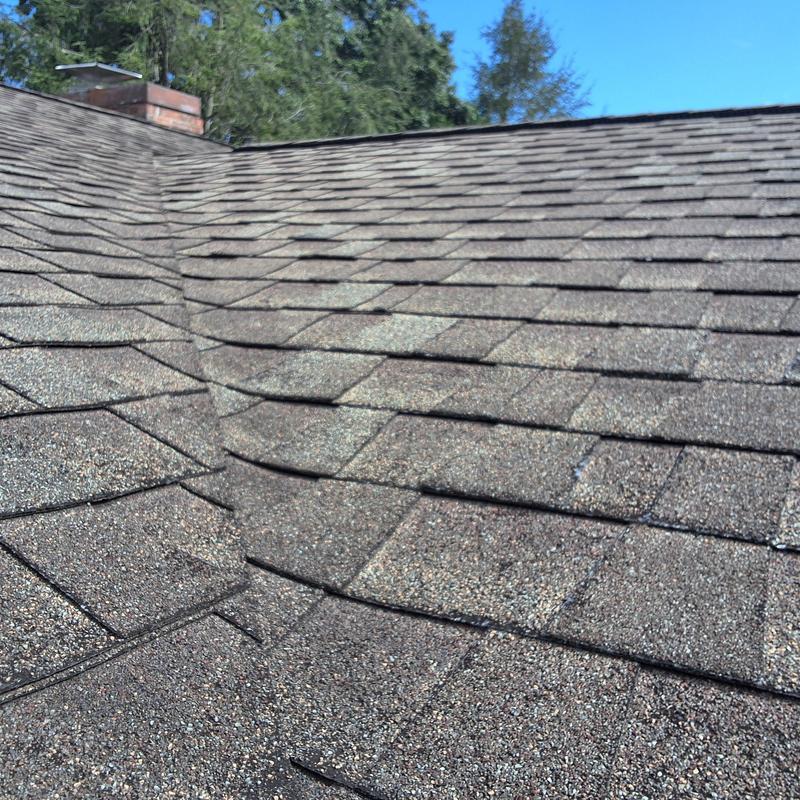 Asphalt shingle roof close-up showing granule wear