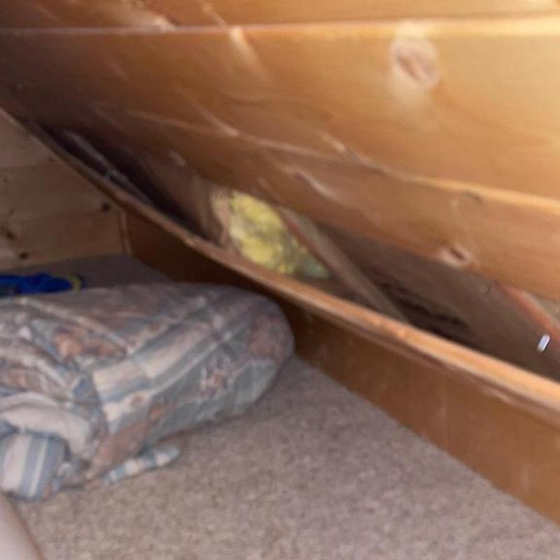 Attic wall damage from large tree branch impact