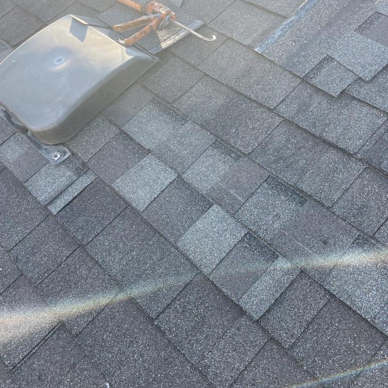 Roof vent and asphalt shingle roofing repair with flashing