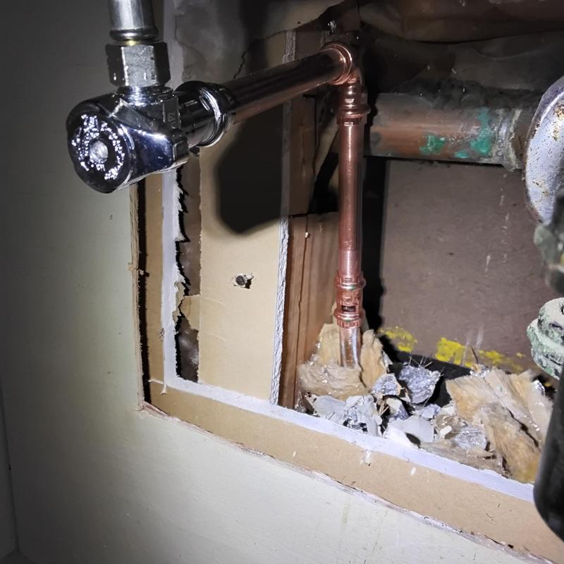 Copper water lines and new angle stops in opened wall Copper water lines and new angle stops in opened wall