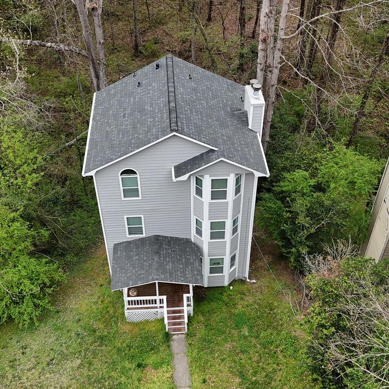 Bathroom leak causing kitchen water damage, damaged shingle on roof
