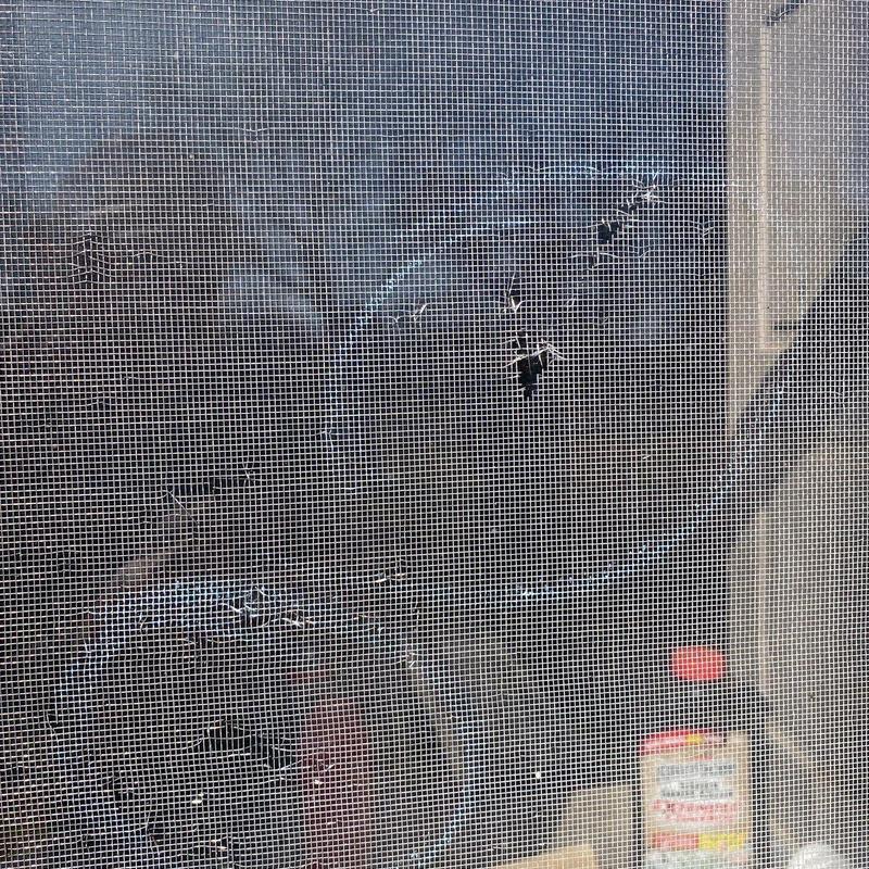 Window screen with multiple tears and holes