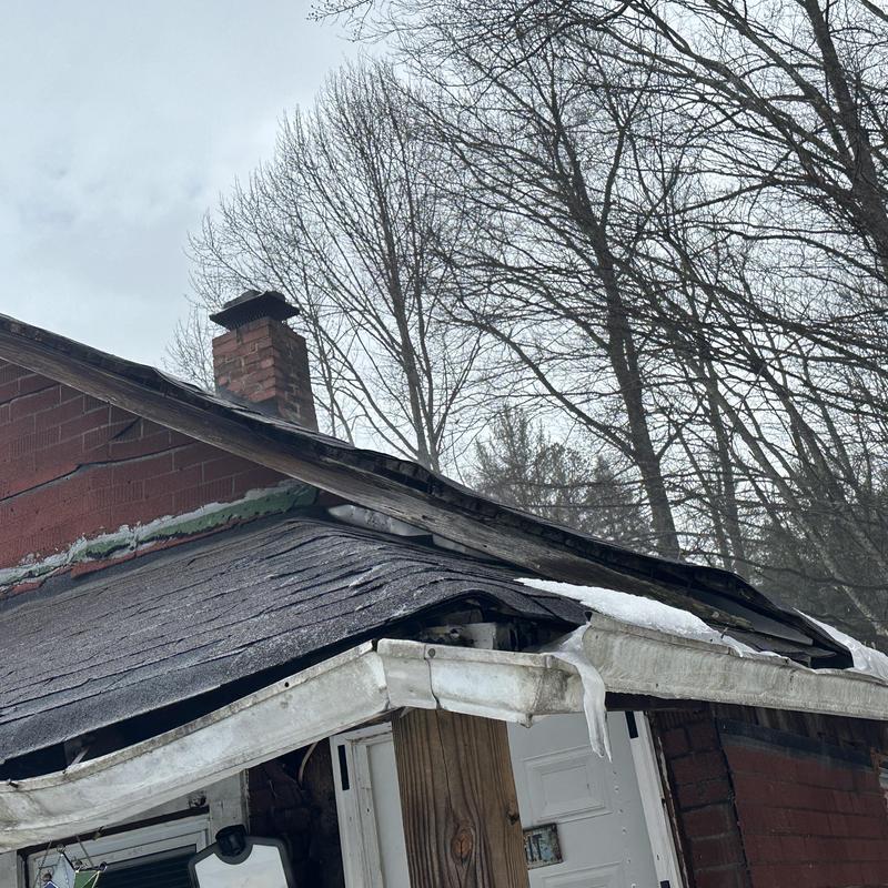 Shingle roof with damaged gutter and fascia boards